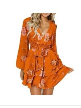 Floral Tiered Wrap Dress in Orange